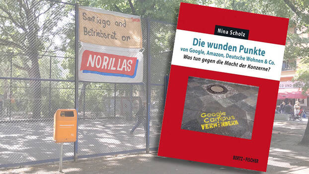 Cover des Buches "Die wunden Punkte", im Hintergrund Foto von einem Transparent an einem Zaun "Santiago and Betriebsrat or NORILLAS"